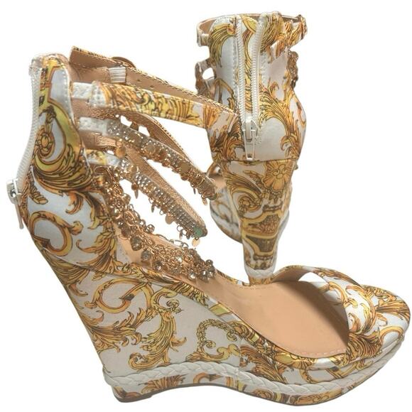 Gold and White Platform Wedge Shoe Dazzle Embellished Ankle Straps Size 8.5 - Picture 4 of 10
